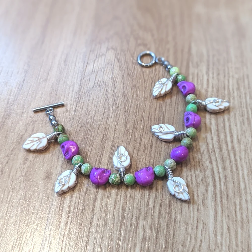 FINAL PRICE Magenta Lime Beige Tropical Gemstone Skull Leaf Charm Bracelet - Picture 3 of 8